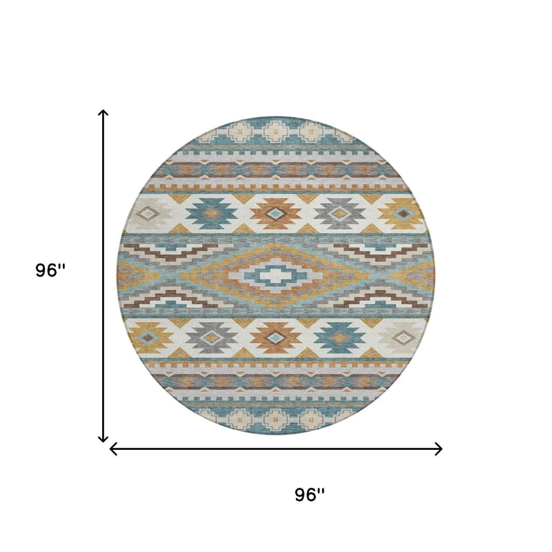8' Teal Blue And Ivory Round Southwestern Washable Indoor Outdoor Area Rug Homeroots Outdoor