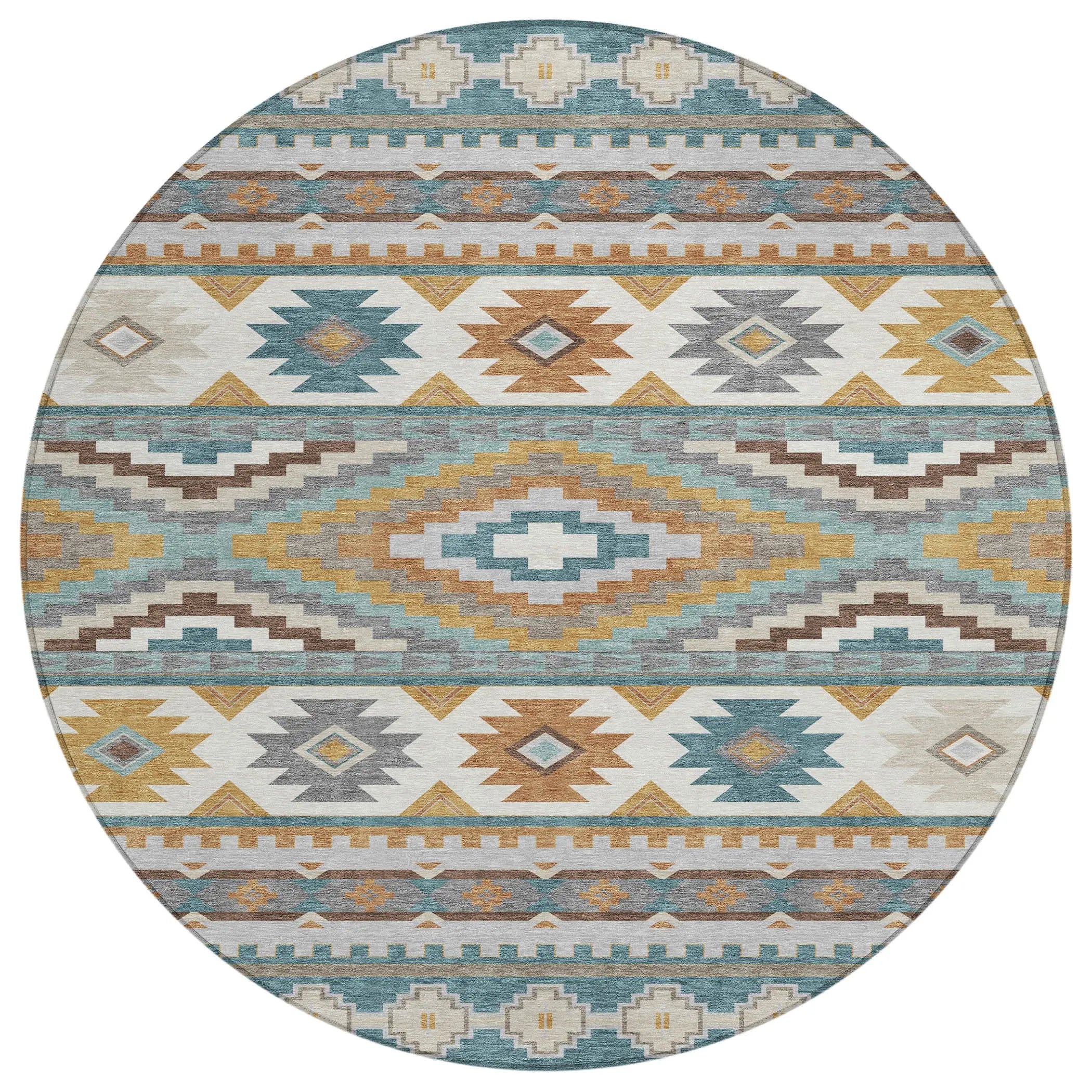 8' Teal Blue And Ivory Round Southwestern Washable Indoor Outdoor Area Rug Homeroots Outdoor