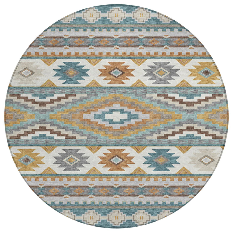 8' Teal Blue And Ivory Round Southwestern Washable Indoor Outdoor Area Rug Homeroots Outdoor