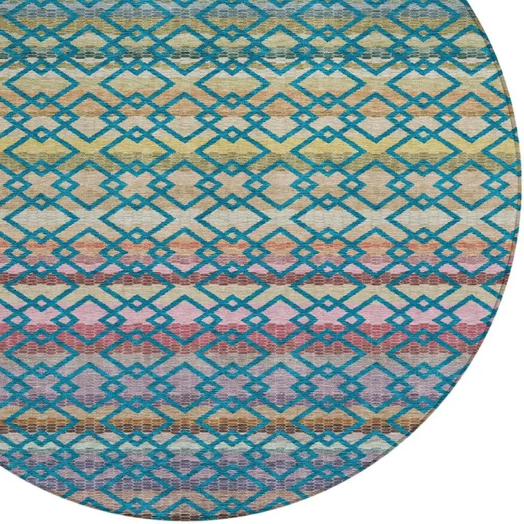 8' Teal Blue And Ivory Round Striped Washable Indoor Outdoor Area Rug Homeroots Outdoor