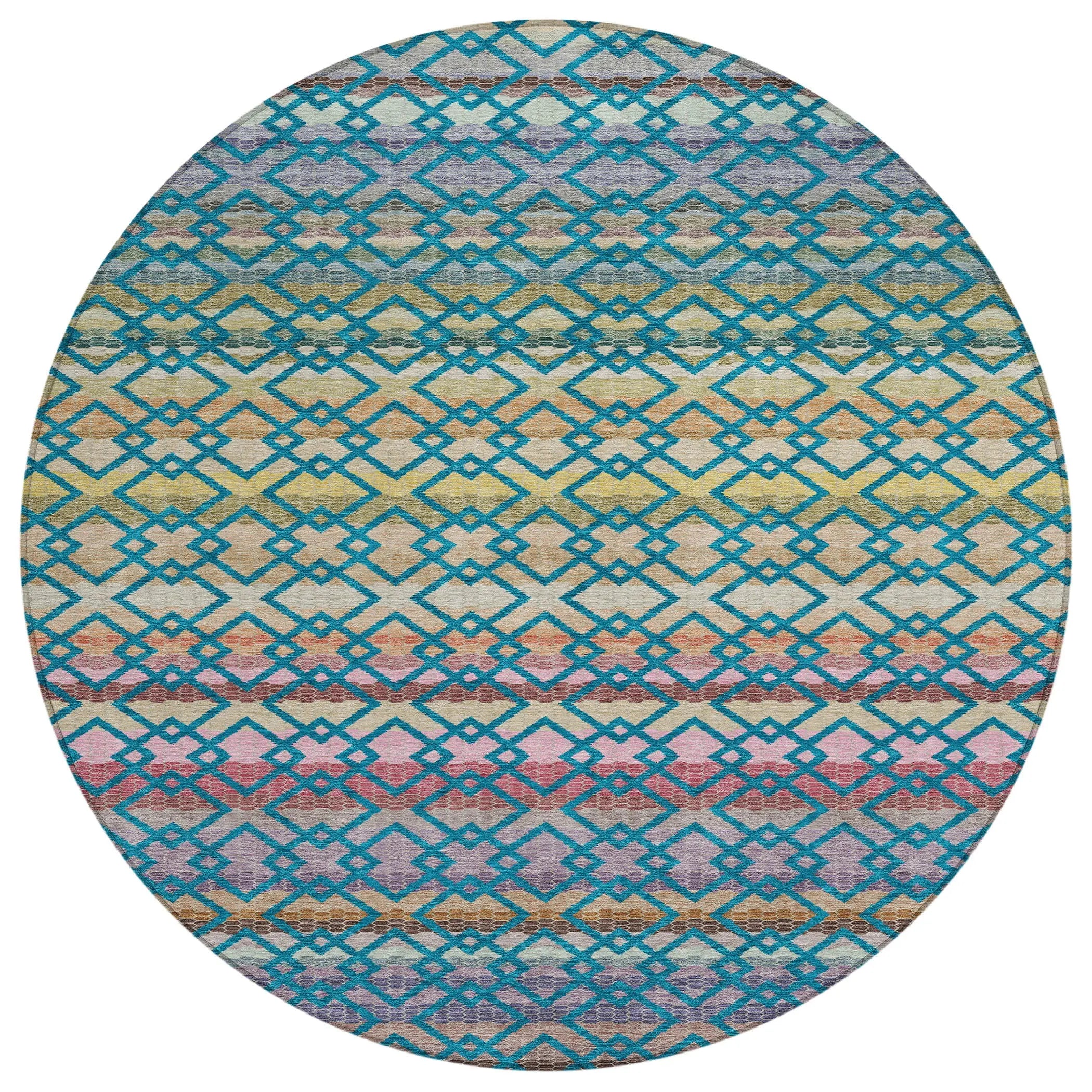 8' Teal Blue And Ivory Round Striped Washable Indoor Outdoor Area Rug Homeroots Outdoor