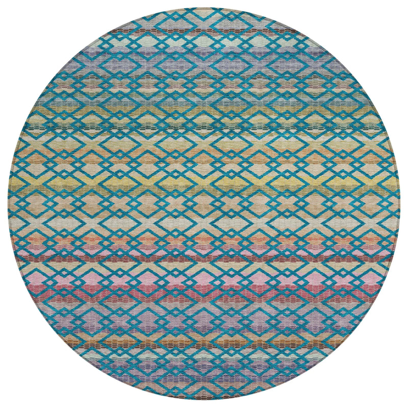 8' Teal Blue And Ivory Round Striped Washable Indoor Outdoor Area Rug Homeroots Outdoor