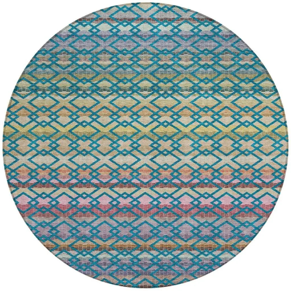 8' Teal Blue And Ivory Round Striped Washable Indoor Outdoor Area Rug Homeroots Outdoor