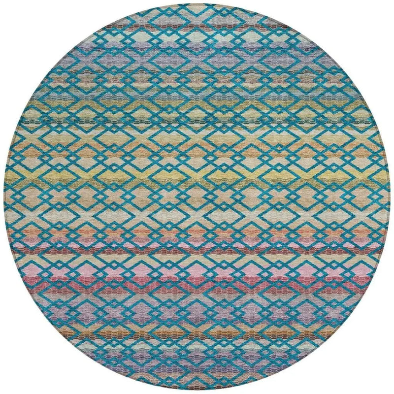 8' Teal Blue And Ivory Round Striped Washable Indoor Outdoor Area Rug Homeroots Outdoor