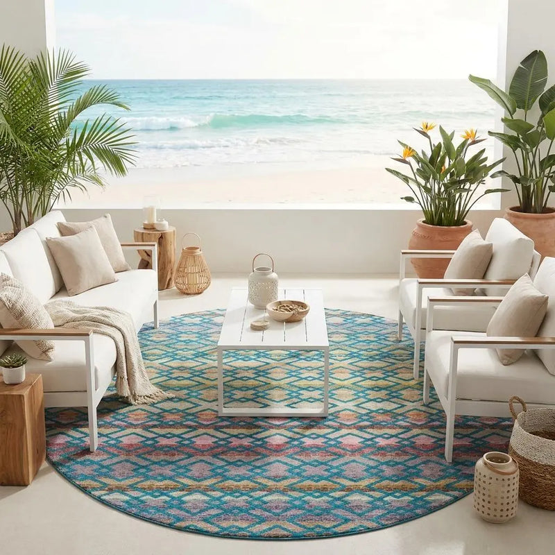 8' Teal Blue And Ivory Round Striped Washable Indoor Outdoor Area Rug Homeroots Outdoor