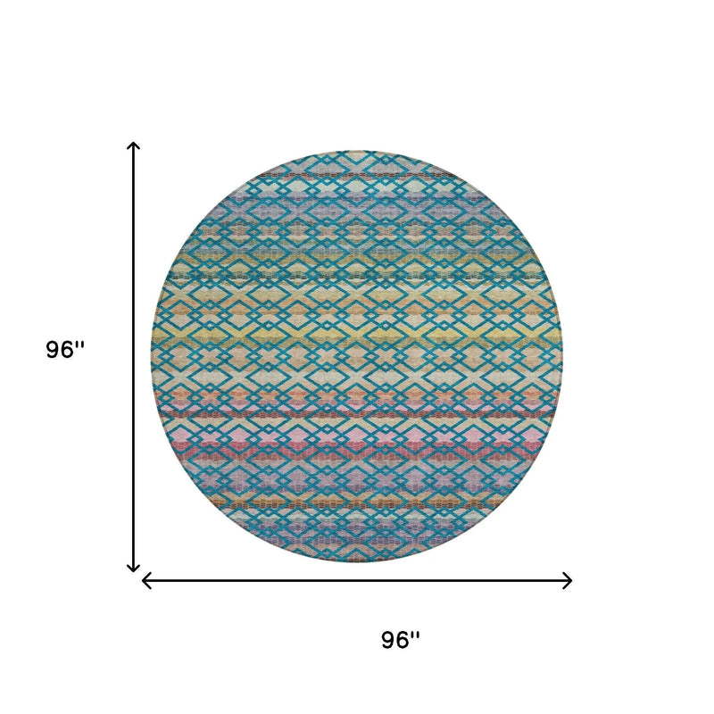 8' Teal Blue And Ivory Round Striped Washable Indoor Outdoor Area Rug Homeroots Outdoor