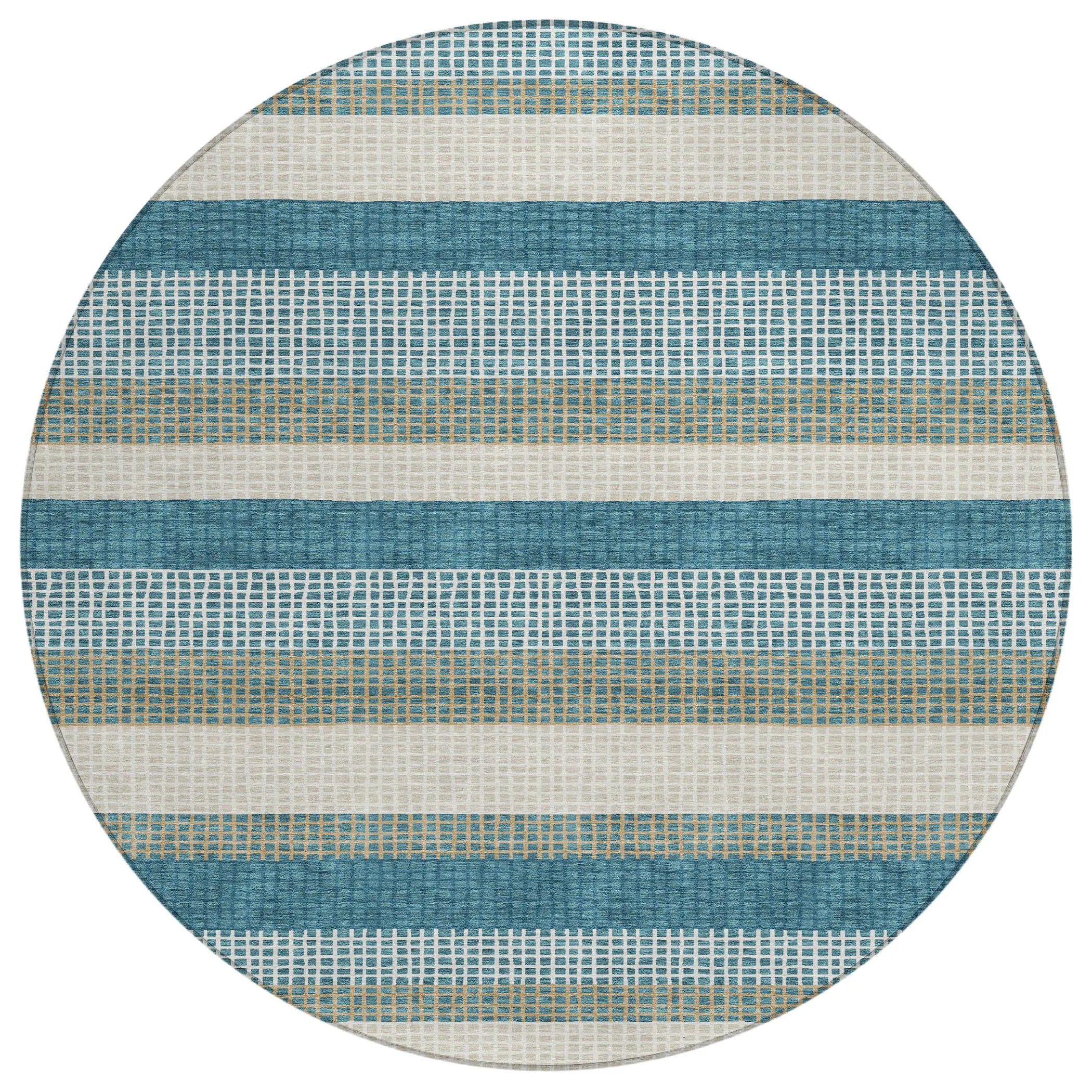 8' Teal Blue And Ivory Round Striped Washable Indoor Outdoor Area Rug Homeroots Outdoor