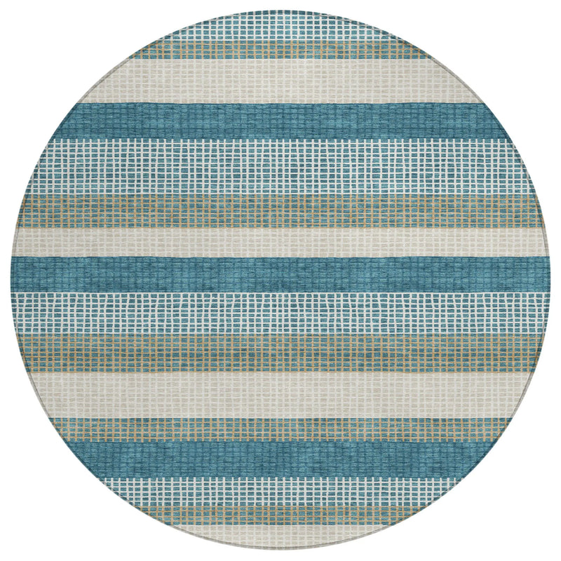8' Teal Blue And Ivory Round Striped Washable Indoor Outdoor Area Rug Homeroots Outdoor
