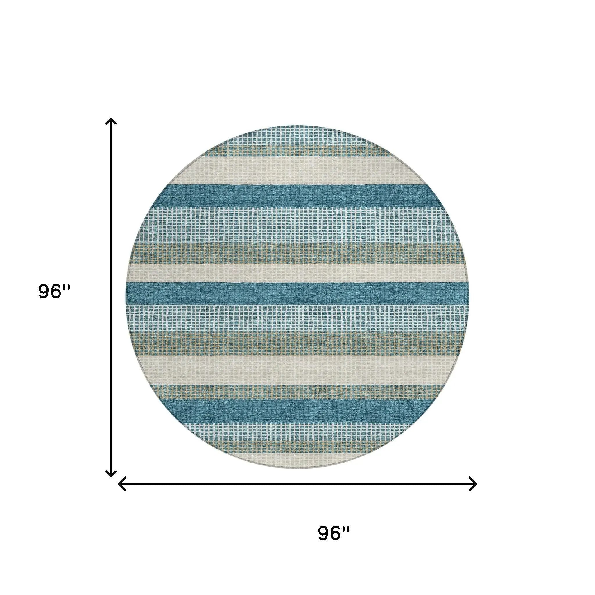 8' Teal Blue And Ivory Round Striped Washable Indoor Outdoor Area Rug Homeroots Outdoor