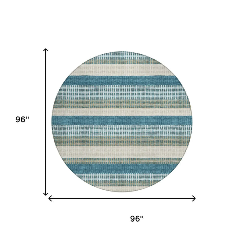 8' Teal Blue And Ivory Round Striped Washable Indoor Outdoor Area Rug Homeroots Outdoor