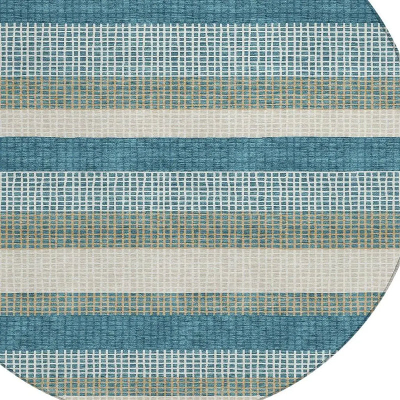 8' Teal Blue And Ivory Round Striped Washable Indoor Outdoor Area Rug Homeroots Outdoor