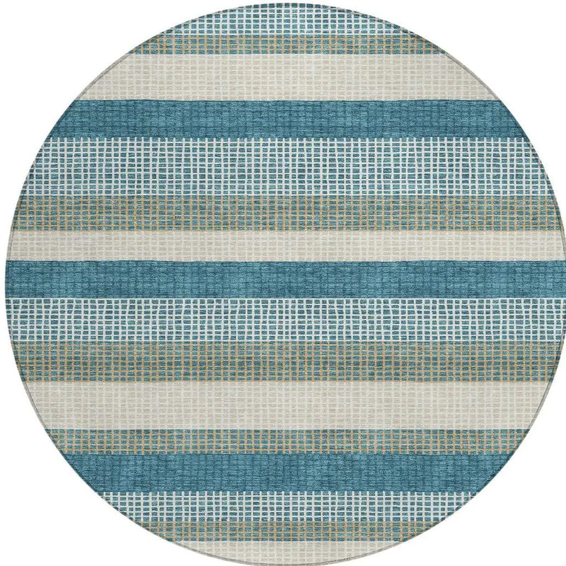 8' Teal Blue And Ivory Round Striped Washable Indoor Outdoor Area Rug Homeroots Outdoor
