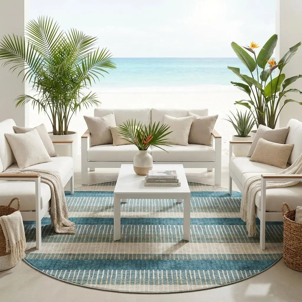 8' Teal Blue And Ivory Round Striped Washable Indoor Outdoor Area Rug Homeroots Outdoor