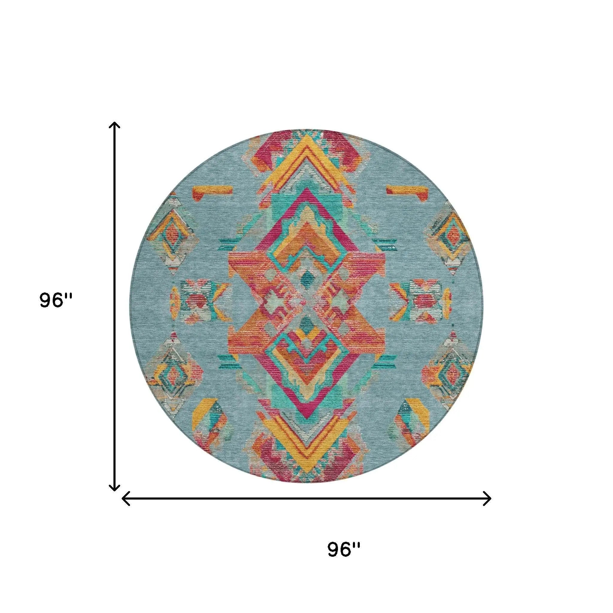 8' Teal Blue And Ivory Round Tribal Washable Indoor Outdoor Area Rug Homeroots Outdoor