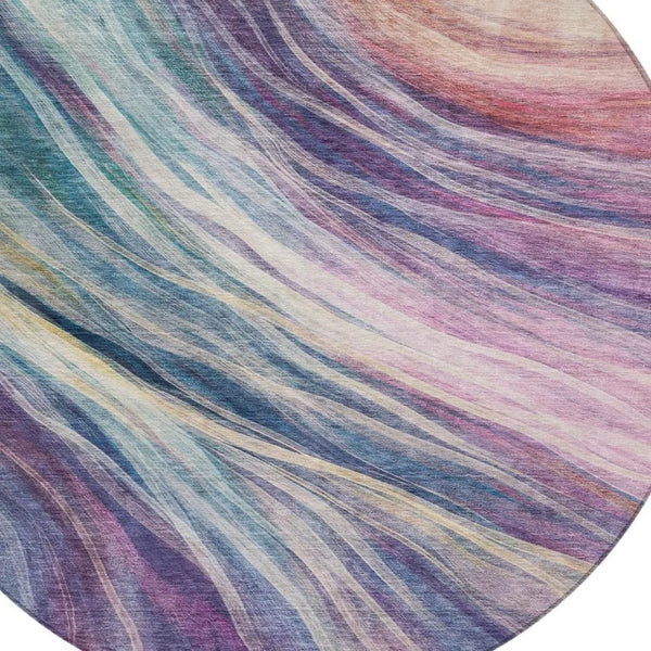 8' Teal Blue And Lavender Round Abstract Washable Indoor Outdoor Area Rug Homeroots Outdoor
