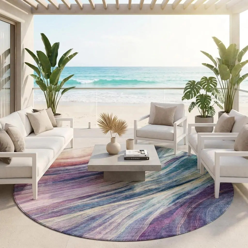 8' Teal Blue And Lavender Round Abstract Washable Indoor Outdoor Area Rug Homeroots Outdoor
