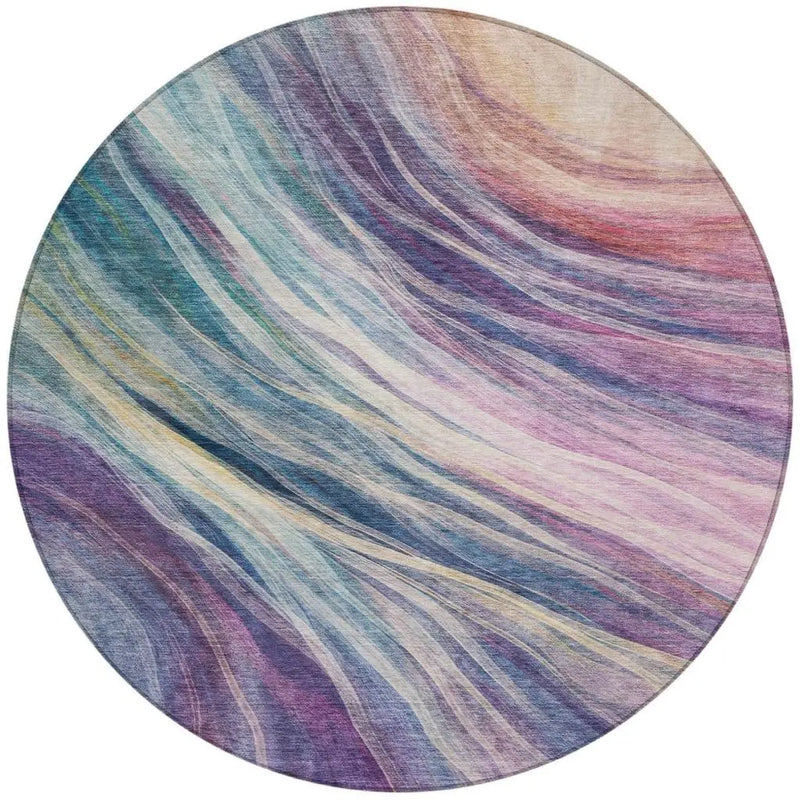 8' Teal Blue And Lavender Round Abstract Washable Indoor Outdoor Area Rug Homeroots Outdoor