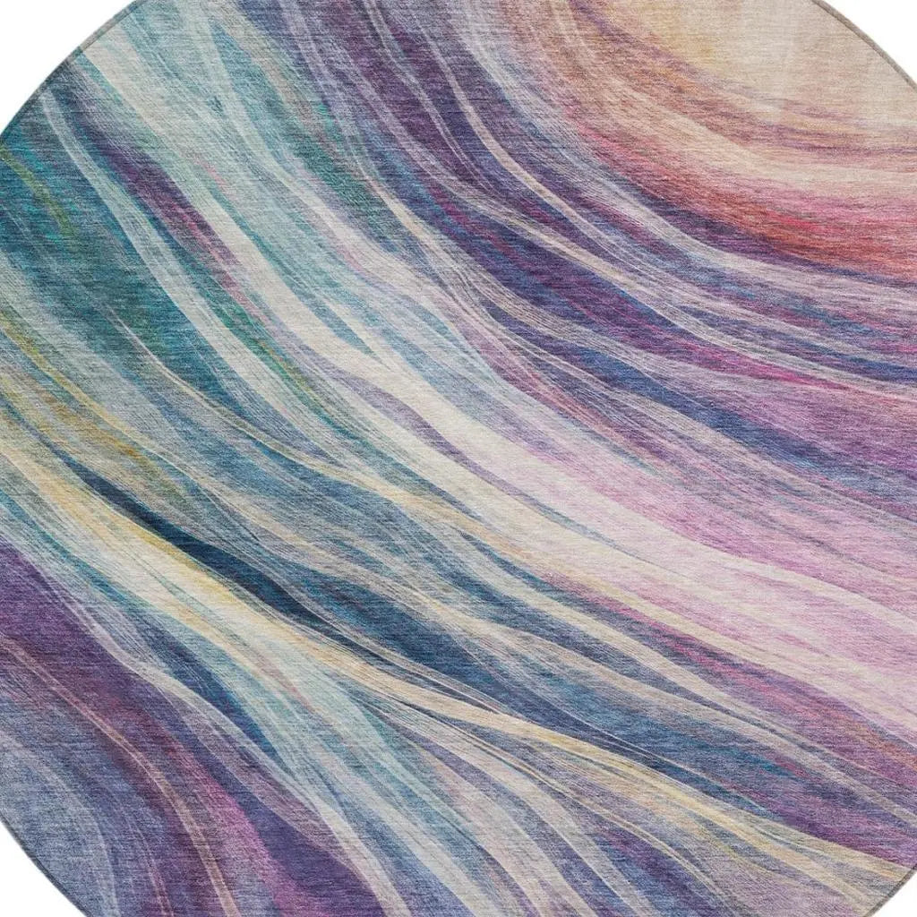 8' Teal Blue And Lavender Round Abstract Washable Indoor Outdoor Area Rug Homeroots Outdoor