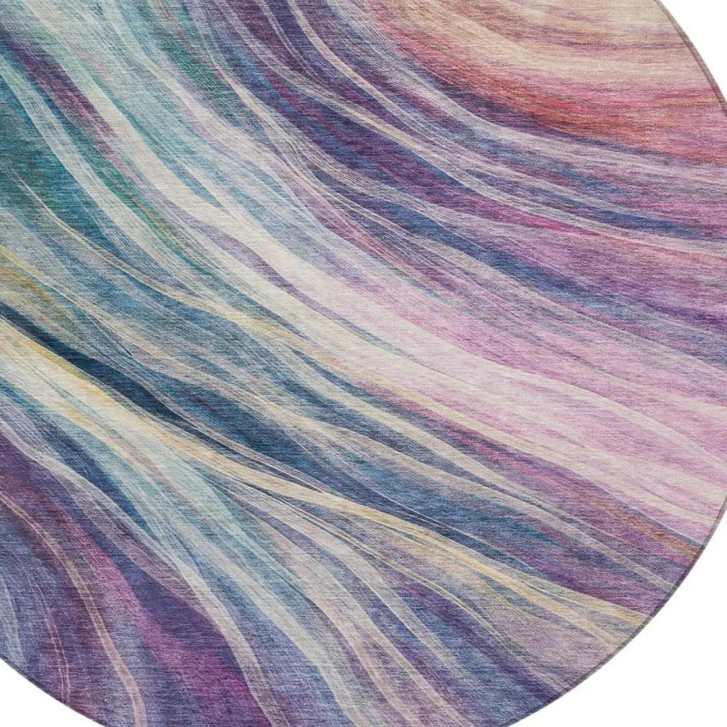 8' Teal Blue And Lavender Round Abstract Washable Indoor Outdoor Area Rug Homeroots Outdoor