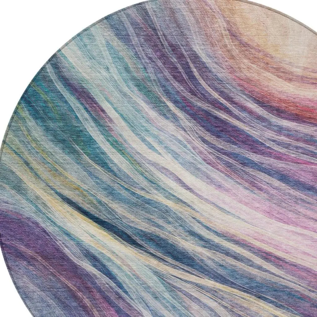 8' Teal Blue And Lavender Round Abstract Washable Indoor Outdoor Area Rug Homeroots Outdoor