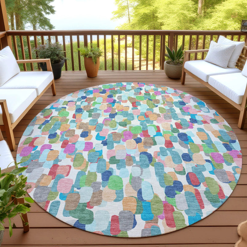 8' Teal Blue And Navy Blue Round Abstract Washable Indoor Outdoor Area Rug Homeroots Outdoor