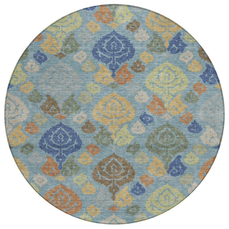 8' Teal Blue And Navy Blue Round Damask Washable Indoor Outdoor Area Rug Homeroots Outdoor