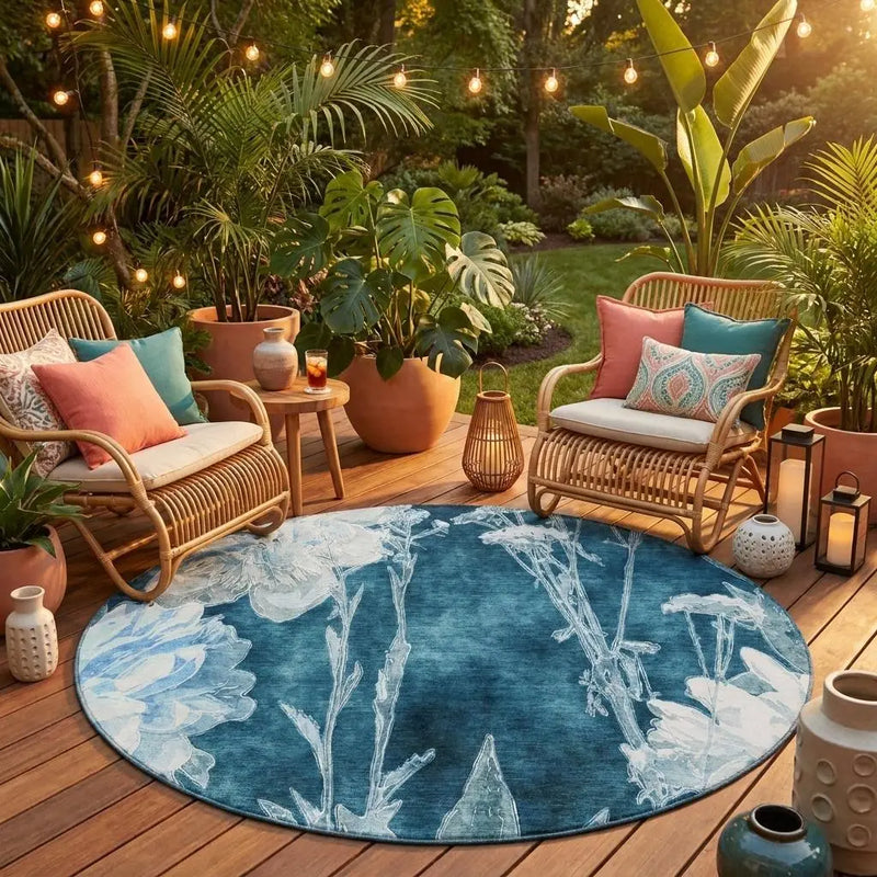 8' Teal Blue And Navy Blue Round Floral Washable Indoor Outdoor Area Rug Homeroots Outdoor