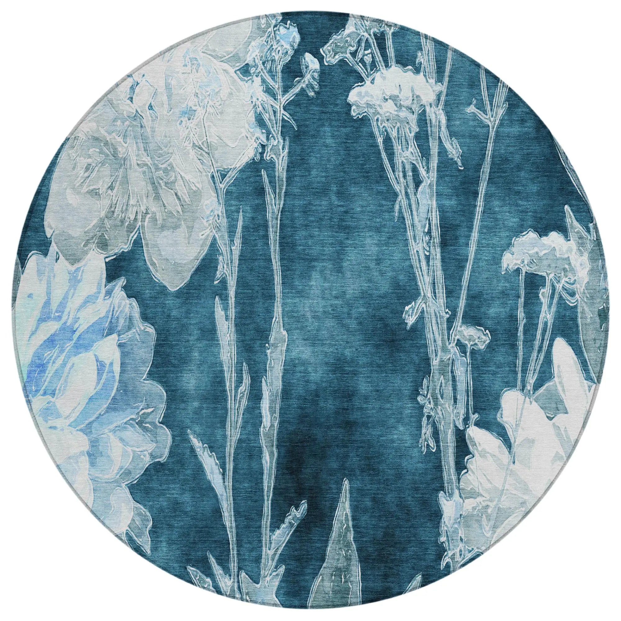 8' Teal Blue And Navy Blue Round Floral Washable Indoor Outdoor Area Rug Homeroots Outdoor