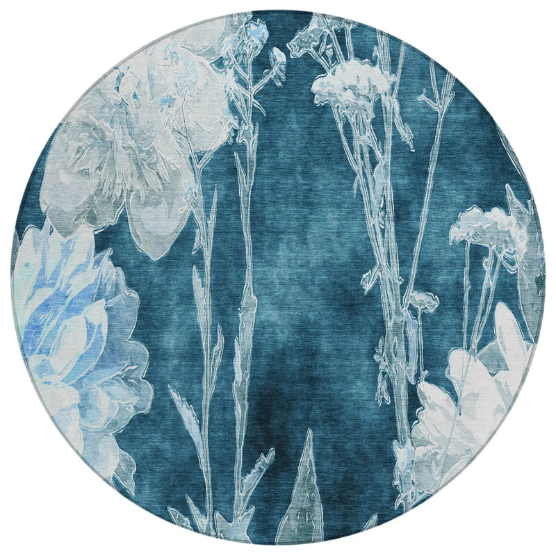 8' Teal Blue And Navy Blue Round Floral Washable Indoor Outdoor Area Rug Homeroots Outdoor