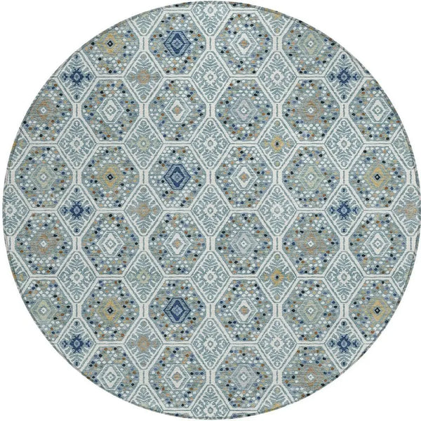 8' Teal Blue And Navy Blue Round Geometric Washable Indoor Outdoor Area Rug Homeroots Outdoor