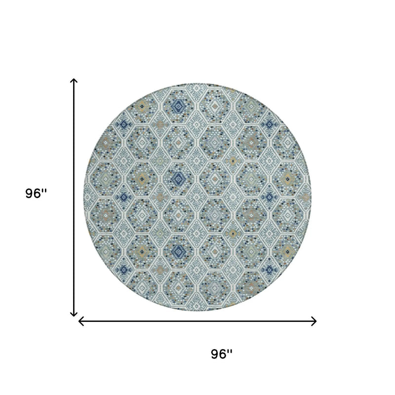 8' Teal Blue And Navy Blue Round Geometric Washable Indoor Outdoor Area Rug Homeroots Outdoor