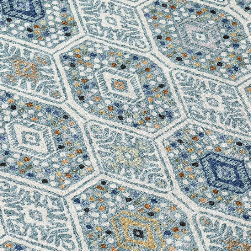 8' Teal Blue And Navy Blue Round Geometric Washable Indoor Outdoor Area Rug Homeroots Outdoor