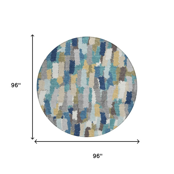8' Teal Blue And Navy Blue Round Striped Washable Indoor Outdoor Area Rug Homeroots Outdoor