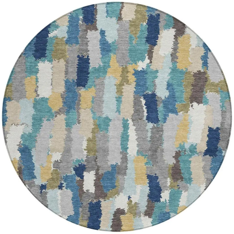 8' Teal Blue And Navy Blue Round Striped Washable Indoor Outdoor Area Rug Homeroots Outdoor