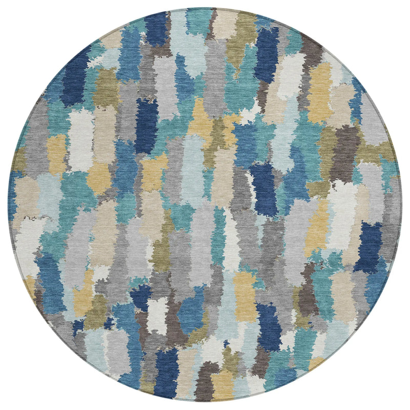 8' Teal Blue And Navy Blue Round Striped Washable Indoor Outdoor Area Rug Homeroots Outdoor