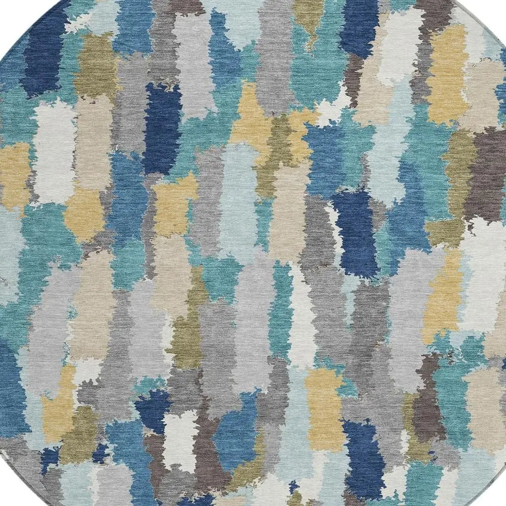 8' Teal Blue And Navy Blue Round Striped Washable Indoor Outdoor Area Rug Homeroots Outdoor