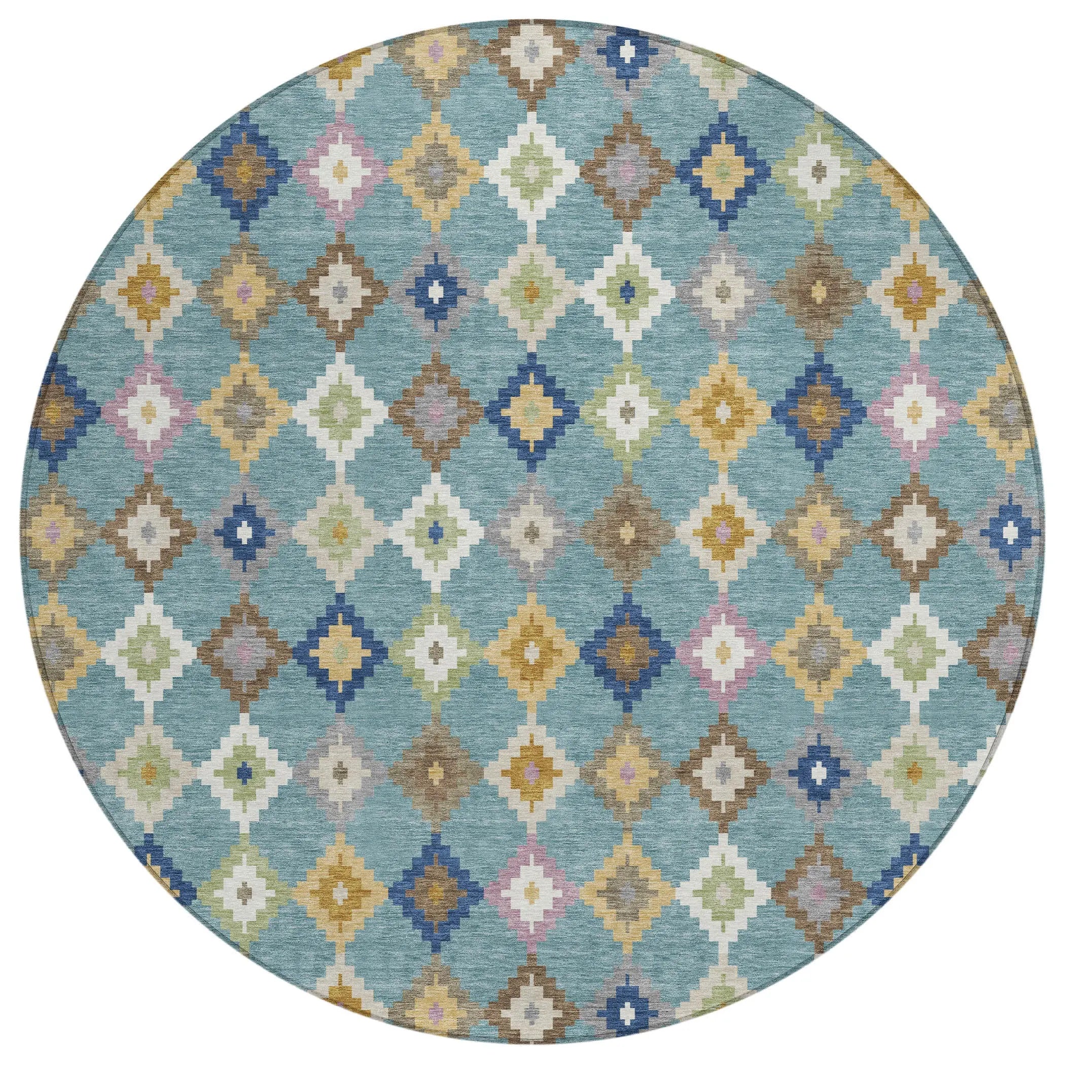 8' Teal Blue And Orange Round Aztec Washable Indoor Outdoor Area Rug Homeroots Outdoor