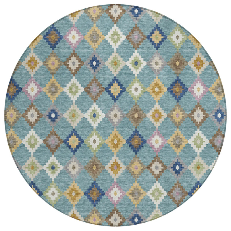 8' Teal Blue And Orange Round Aztec Washable Indoor Outdoor Area Rug Homeroots Outdoor