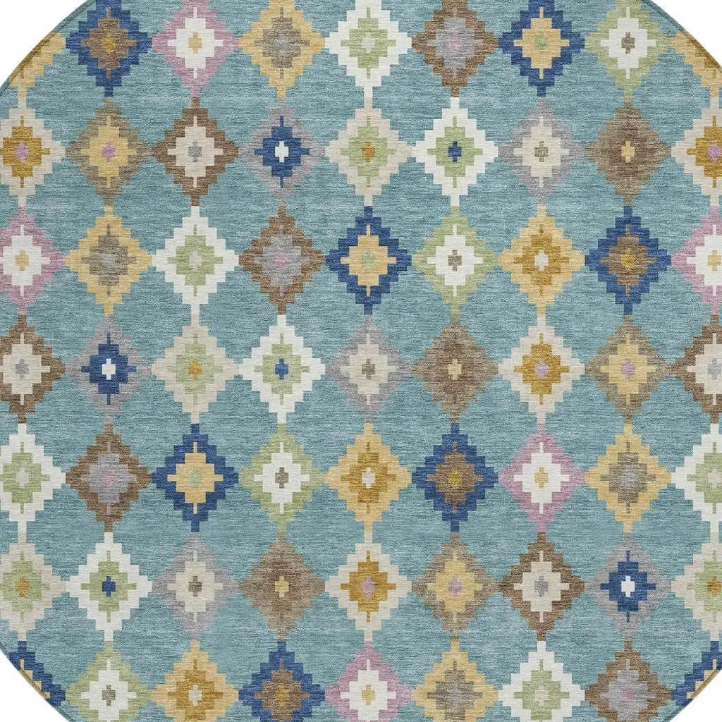 8' Teal Blue And Orange Round Aztec Washable Indoor Outdoor Area Rug Homeroots Outdoor