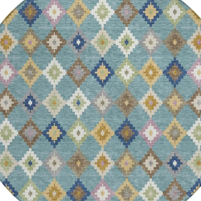 8' Teal Blue And Orange Round Aztec Washable Indoor Outdoor Area Rug Homeroots Outdoor