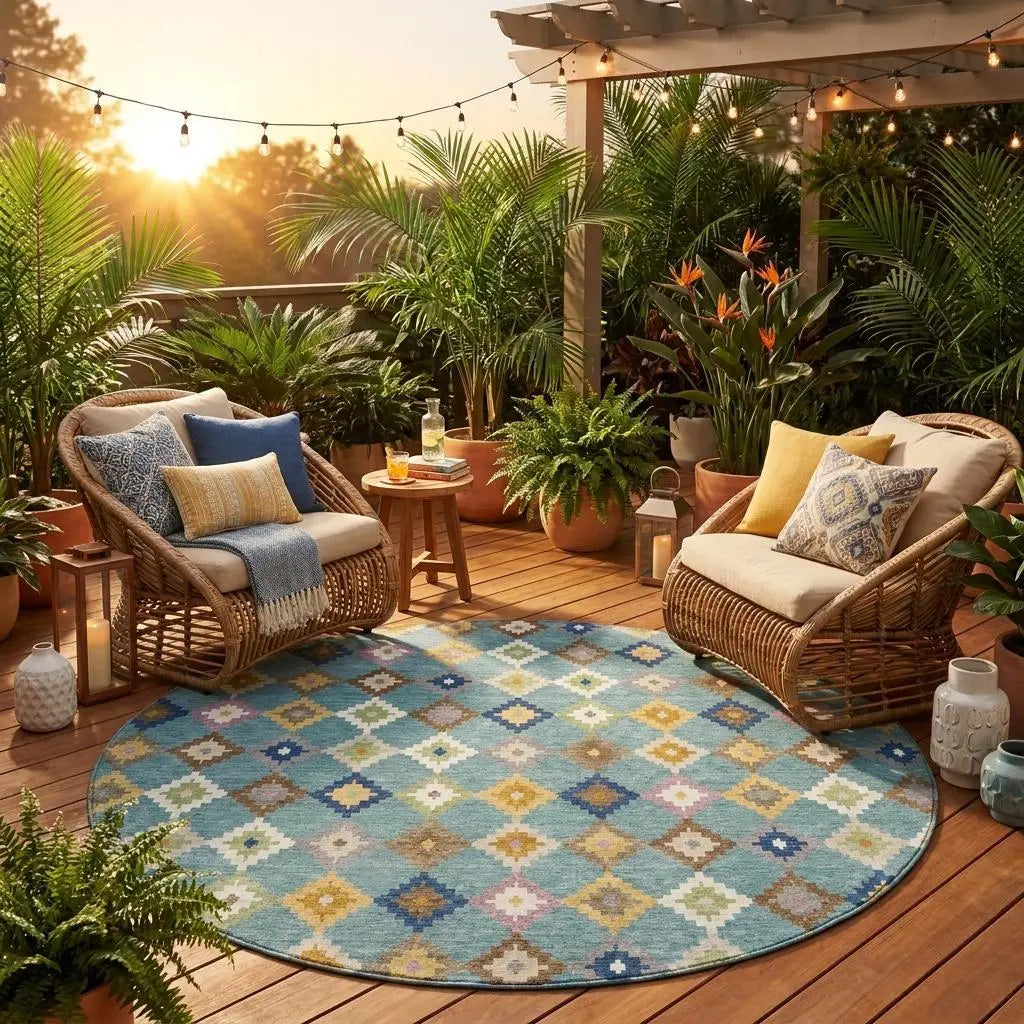 8' Teal Blue And Orange Round Aztec Washable Indoor Outdoor Area Rug Homeroots Outdoor