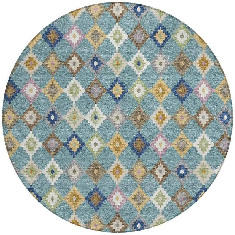 8' Teal Blue And Orange Round Aztec Washable Indoor Outdoor Area Rug Homeroots Outdoor