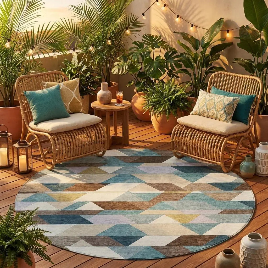 8' Teal Blue And Pale Aqua Round Geometric Washable Indoor Outdoor Area Rug Homeroots Outdoor
