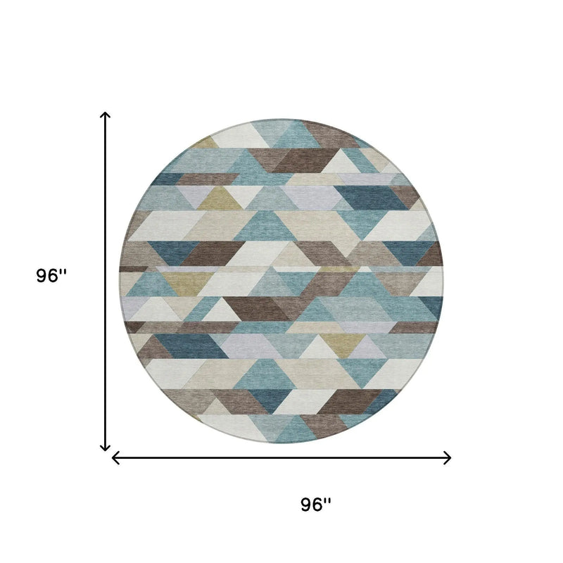 8' Teal Blue And Pale Aqua Round Geometric Washable Indoor Outdoor Area Rug Homeroots Outdoor
