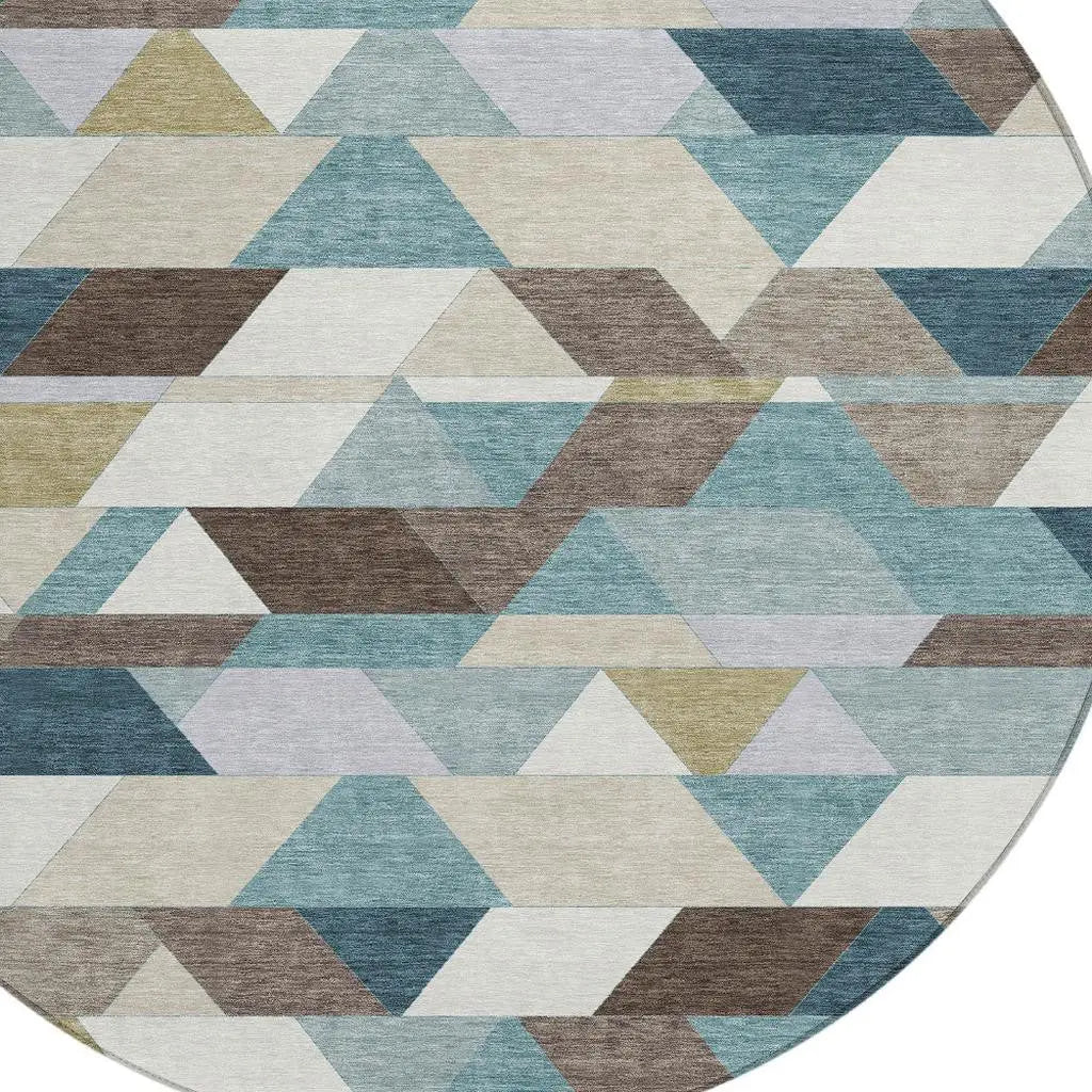 8' Teal Blue And Pale Aqua Round Geometric Washable Indoor Outdoor Area Rug Homeroots Outdoor