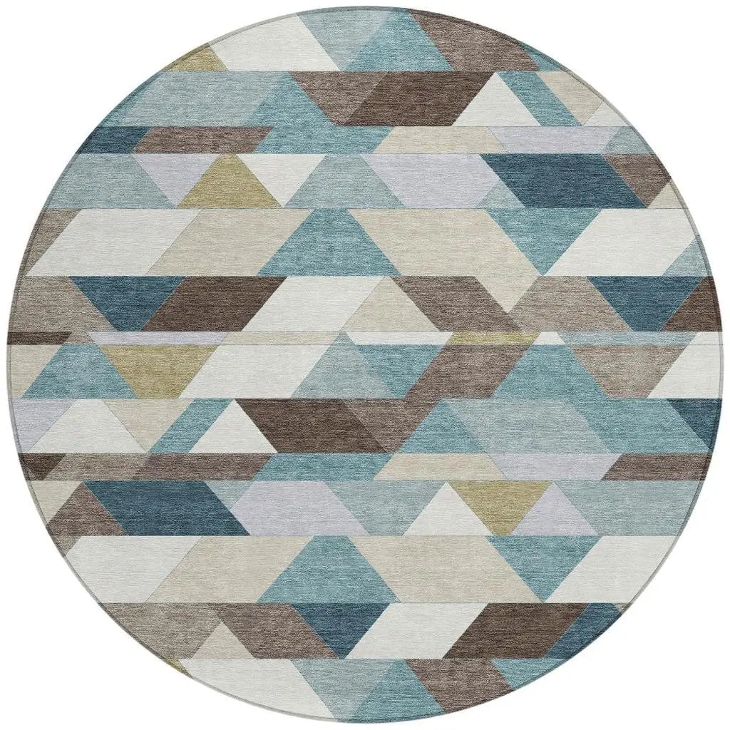 8' Teal Blue And Pale Aqua Round Geometric Washable Indoor Outdoor Area Rug Homeroots Outdoor
