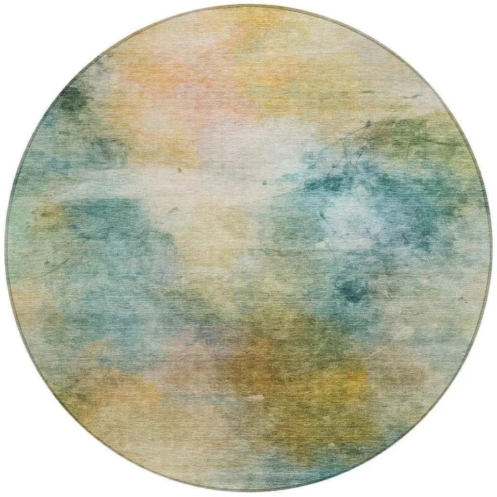 8' Teal Blue And Peach Round Abstract Washable Indoor Outdoor Area Rug Homeroots Outdoor