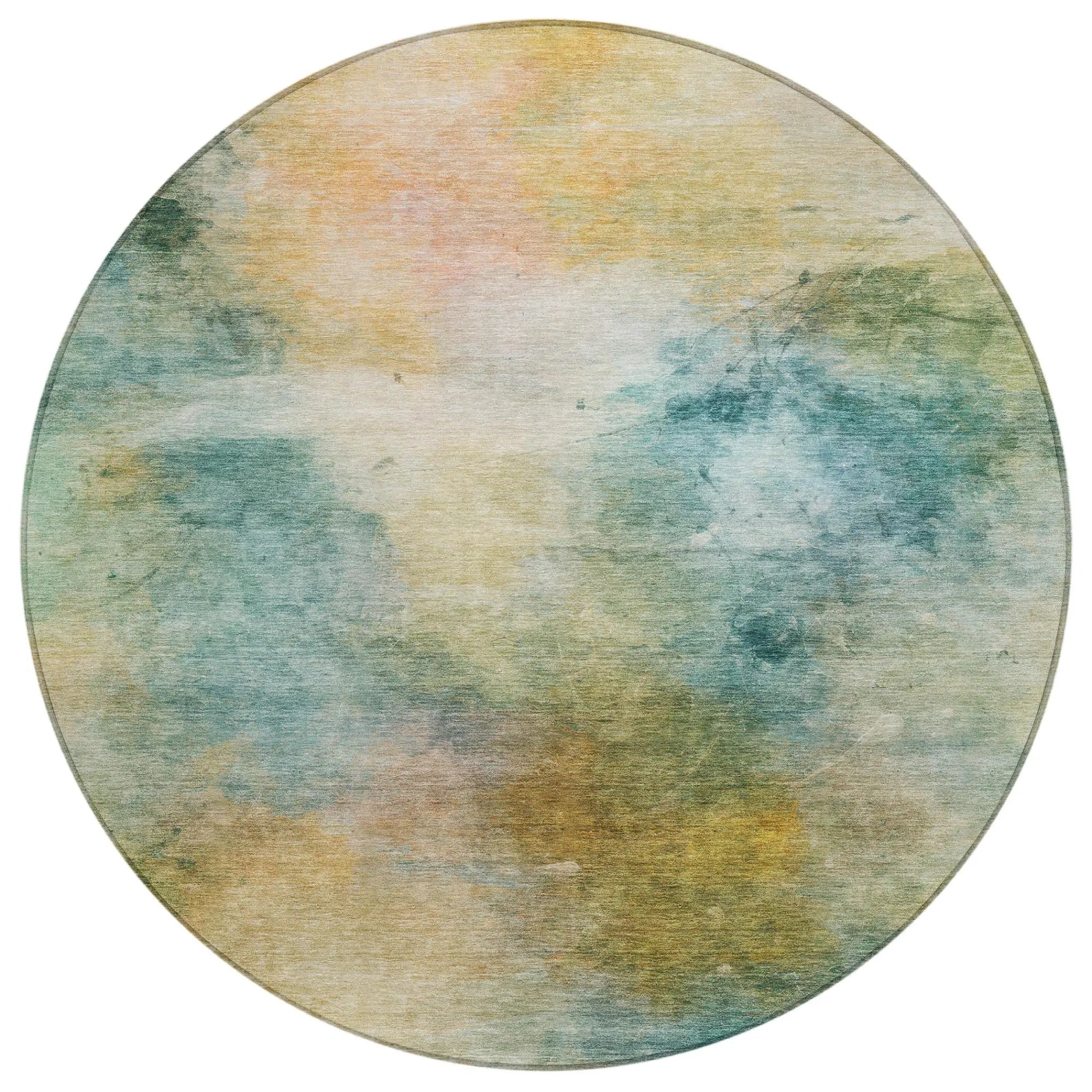 8' Teal Blue And Peach Round Abstract Washable Indoor Outdoor Area Rug Homeroots Outdoor