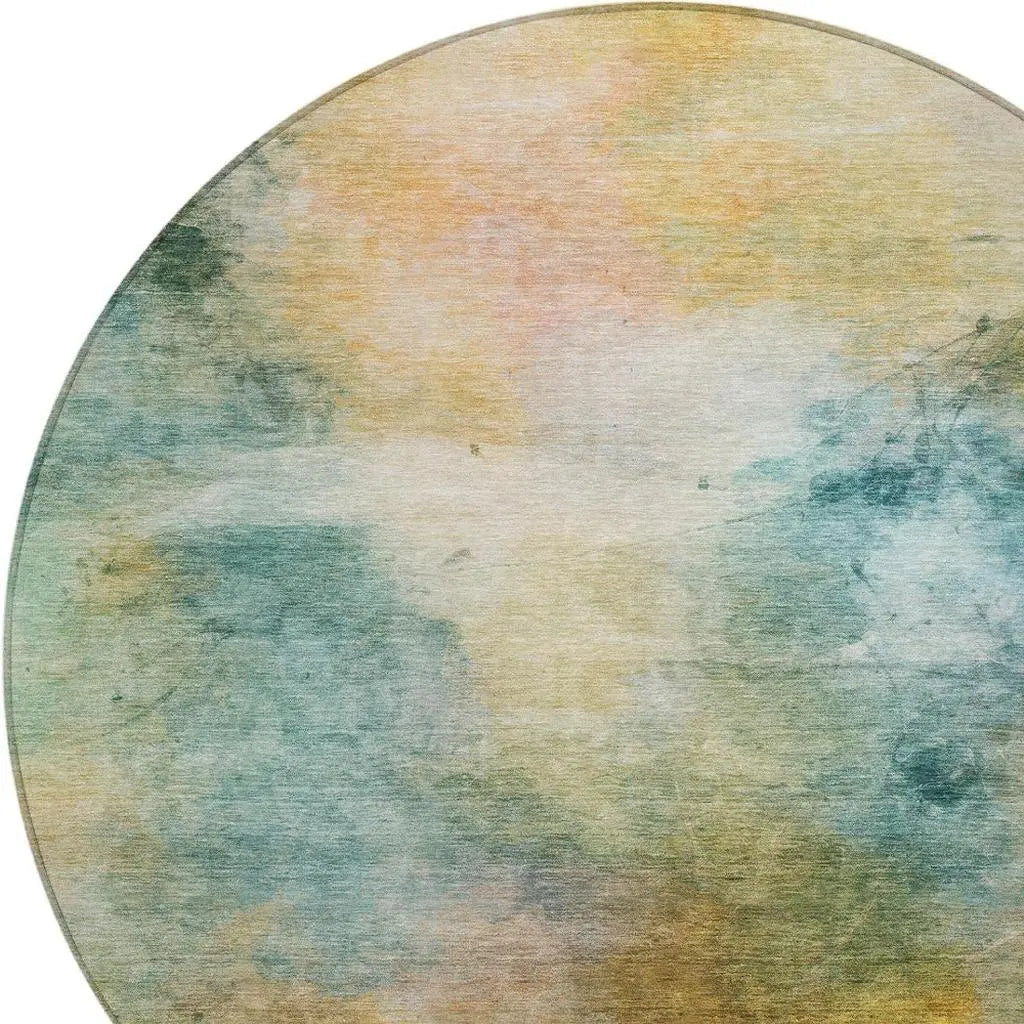 8' Teal Blue And Peach Round Abstract Washable Indoor Outdoor Area Rug Homeroots Outdoor