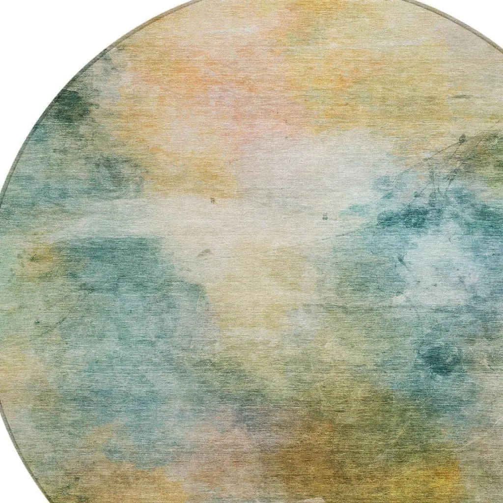 8' Teal Blue And Peach Round Abstract Washable Indoor Outdoor Area Rug Homeroots Outdoor